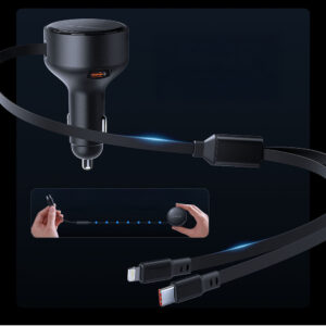 Orico Dual Stretch 60W USB-C automobilinis įkroviklis with Two Retractable USB-C + Lightning Cables - juodos spalvos - Image 5