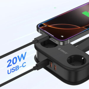 Orico APP 15.5W 5in1 Power Strip 2x AC + 2x USB-A + 1x USB-C - juodos spalvos - Image 4