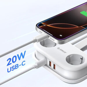 Orico APP 15.5W 5in1 Power Strip 2x AC + 2x USB-A + 1x USB-C - baltos spalvos - Image 2
