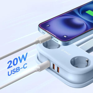 Orico AP3 20W GaN 5in1 Power Strip 2x AC + 2x USB-A + 1x USB-C - Blue - Image 2
