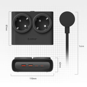 Orico PDC25 25W 6in1 Power Strip 2x AC + 2x USB-A + 2x USB-C - juodos spalvos - Image 5