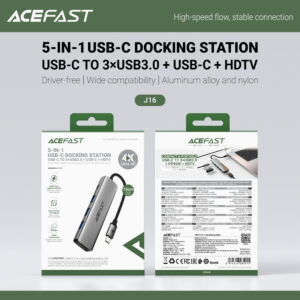 Acefast J16 USB Hub USB-C 5-in-1 HDMI 4K 60Hz PD90W Docking Station - pilkos spalvos - Image 6
