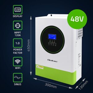 Qoltec 53861 Modulinis hibridinis saulės inverteris, autonominis, 6200 W | 120 A | 48 V | MPPT | 12 įrenginių | BMS | Sinusinė | „Wi-Fi“ parinktis | Galios koeficientas 1,0 - Image 2