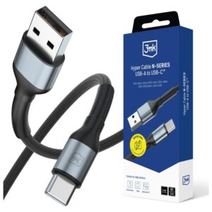 Kabelis 3MK Hyper Kabelis N-SERIES USB-A į USB-C 1m 9V/2A 18W QC 3.0 juodos spalvos