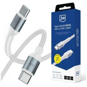 Kabelis 3MK Hyper Kabelis N-SERIES USB-C į USB-C 2m PD 3.0 QC 3.0 20V/5A 100W White - Image 1