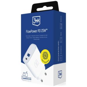 3MK FlowPower Laidinis įkroviklis USB-A + USB-C 25W PD QC4+ baltos spalvos - Image 5