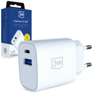 3MK FlowPower USB-A + USB-C 30W PD 3.0 QC4+ Laidinis įkroviklis, baltos spalvos - Image 1