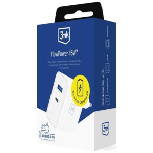 3MK FlowPower Laidinis įkroviklis USB-A + USB-C 45W PD 3.0 QC4+ baltos spalvos - Image 4