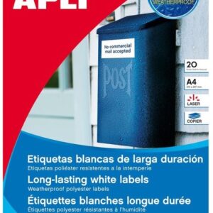 Lipnios etiketės Apli, A4, 210x297mm, atsparios aplinkos poveikiui, poliesterio, 20 lapų, baltos spalvos