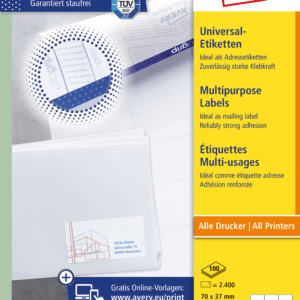 Lipnios etiketės Avery Zweckform, A4, 70x37mm, 24 etiketės lape, be rėmelio, 100 lapų, baltos spalvos - Image 3