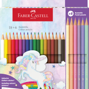 Spalvoti pieštukai Faber-Castell Color Grip Unicorn 18 +6 pastelinės spalvų