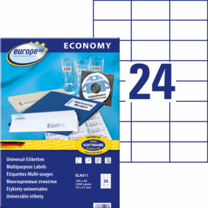 Lipnios etiketės Avery Europe, A4, 70x37mm, 24 etiketės lape, be rėmelio, 100 lapų, baltos spalvos