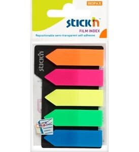 Plastikiniai žymekliai Stick´N 21143, 42x12mm, strėlytės formos, 5 ryškios spalvos po 25vnt.,blisteryje