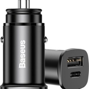Baseus Square Metal Series Car Charger USB-C/USB-A 30W juodos spalvos