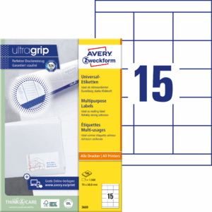 Lipnios etiketės Avery Zweckform, A4, 70x50,8mm, 15 etikečių lape, 100 lapų, baltos spalvos