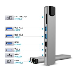 Tech-Protect HB09 HUB ADAPTERIS 8IN1 TYPE-C + USB-A3.0 + USB-C3.0 + HDMI 4K 60HZ + SD/TF + PD100W + RJ45 1000MB/S PILKAS (SPACE GREY) - Image 7