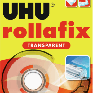 Lipni juosta UHU Rollafix, 19mmx25m, skaidri, su laikikliu