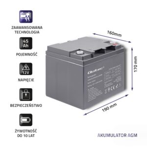 Qoltec 53035 AGM akumuliatorius | 12 V | 45Ah | maks. 540A - Image 3