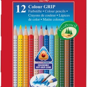 Spalvoti pieštukai Faber-Castell Grip, tribriauniai, 12 spalvų, metalinėje dėžutėje