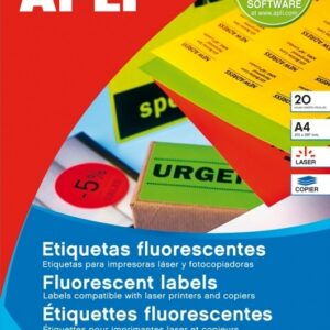 Lipnios etiketės Apli, A4, 64x33.9mm, 24 etiketės lape, 20 lapų, neoninės geltonos spalvos