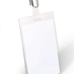 Dėklas vardinei kortelei Durable, 60x90mm, su metaliniu segtuku, vertikalus, skaidrus