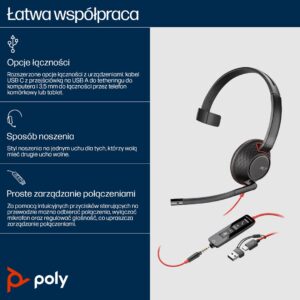 HP Poly „Poly Blackwire 5210“ monauralinės ausinės su „USB-C_ jungtimi, 3,5 mm kištuku ir „USB-C/A“ adapteriu