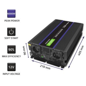 Qoltec 51929 Monolitinis įtampos keitiklis 6000 MS Wave | nuo 12V iki 230V | 3000/6000 | USB - Image 3