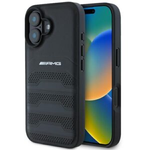 AMG AMHCP16SGSEBK Apple iPhone 16 6.1" juodos spalvos kietas dėklas Leather Debossed Lines juodos spalvos Logo