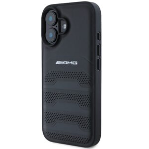 AMG AMHCP16SGSEBK Apple iPhone 16 6.1" juodos spalvos kietas dėklas Leather Debossed Lines juodos spalvos Logo - Image 2