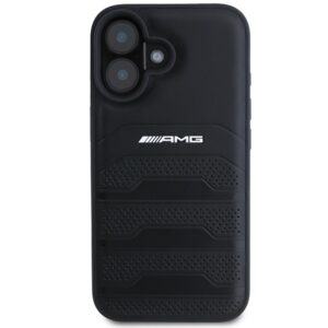 AMG AMHCP16SGSEBK Apple iPhone 16 6.1" juodos spalvos kietas dėklas Leather Debossed Lines juodos spalvos Logo - Image 3