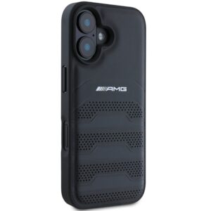 AMG AMHCP16SGSEBK Apple iPhone 16 6.1" juodos spalvos kietas dėklas Leather Debossed Lines juodos spalvos Logo - Image 4