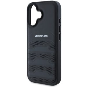 AMG AMHCP16SGSEBK Apple iPhone 16 6.1" juodos spalvos kietas dėklas Leather Debossed Lines juodos spalvos Logo - Image 6