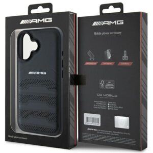 AMG AMHCP16SGSEBK Apple iPhone 16 6.1" juodos spalvos kietas dėklas Leather Debossed Lines juodos spalvos Logo - Image 8