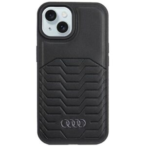 Audi Synthetic Leather MagSafe Apple iPhone 15 / 14 / 13 6.1" juodos spalvos kietas dėklas AU-TPUPCMIP15-GT/D3-BK