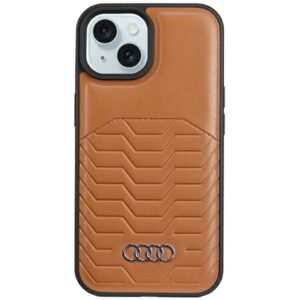 Audi Synthetic Leather MagSafe Apple iPhone 15 / 14 / 13 6.1" rudos spalvos kietas dėklas AU-TPUPCMIP15-GT/D3-BN