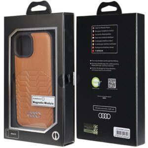 Audi Synthetic Leather MagSafe Apple iPhone 15 / 14 / 13 6.1" rudos spalvos kietas dėklas AU-TPUPCMIP15-GT/D3-BN - Image 7