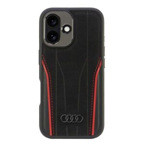 Audi Genuine Leather MagSafe Apple iPhone 16 6.1" juodos spalvos-red kietas dėklas AU-TPUPCMIP16-R8/D3-RD
