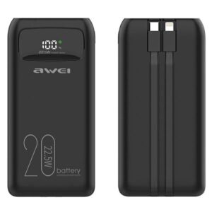 AWEI PowerBank P169K 20000mAh 22.5W juodos spalvos display + PD/Lightning cables - Image 1