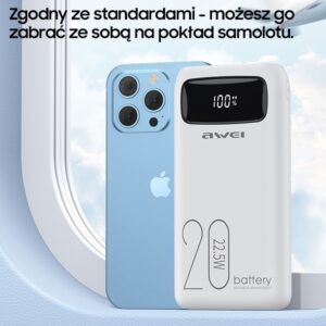 AWEI PowerBank P169K 20000mAh 22.5W juodos spalvos display + PD/Lightning cables - Image 7