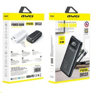 AWEI PowerBank P169K 20000mAh 22.5W juodos spalvos display + PD/Lightning cables - Image 8