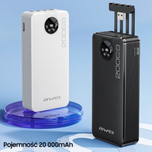 AWEI PowerBank P134K 20000mAh juodos spalvos display + USB/PD/Lightning/MicroUSB cables - Image 3