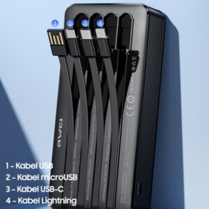 AWEI PowerBank P134K 20000mAh juodos spalvos display + USB/PD/Lightning/MicroUSB cables - Image 7