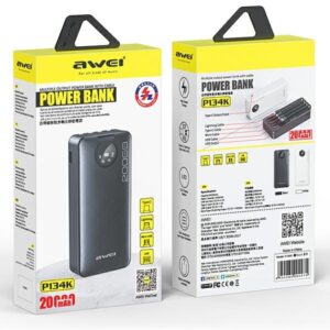 AWEI PowerBank P134K 20000mAh juodos spalvos display + USB/PD/Lightning/MicroUSB cables - Image 8