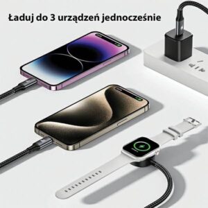 AWEI kabelis W23 3in1 usb-c/lightning/watch100W/10W/2.5W juodos spalvos - Image 2