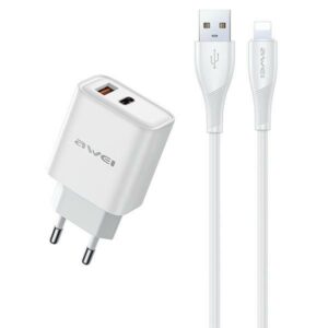 AWEI PD81L-EU 22.5W laidinis įkroviklis + USB cable + Lightning baltos spalvos GaN - Image 1