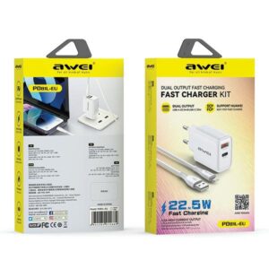AWEI PD81L-EU 22.5W laidinis įkroviklis + USB cable + Lightning baltos spalvos GaN - Image 2