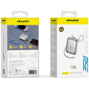 Power bank Awei AS-181 10000mAh 35W USB-C + Lightning/USB-C cables silver - Image 2