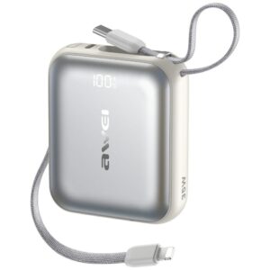 Power bank Awei AS-181 10000mAh 35W USB-C + Lightning/USB-C cables silver - Image 1