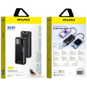 Powerbank Awei PA-93 20000mAh 22,5W PD 2xUSB-C + kabelis juodos spalvos - Image 2