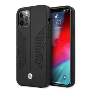 BMW BMHCP12LRSCSK Apple iPhone 12 Pro Max 6,7" juodos spalvos kietas dėklas Leather Perforate Sides
